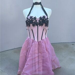 ROMWE Pink Tulle Corset Dress with Black Floral Appliqué